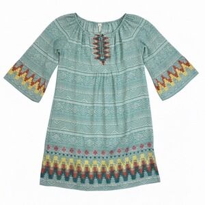 Uncle Frank‎ Turquoise Geometric Embroidered Bell Sleeve Dress Flowy Sz L
